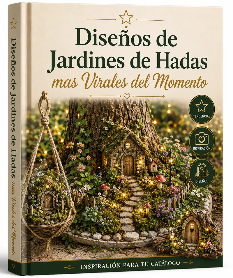 Portada de Diseños de Jardines de Hadas Más Virales del Momento, con jardín de casa de tronco iluminada y cesta colgante