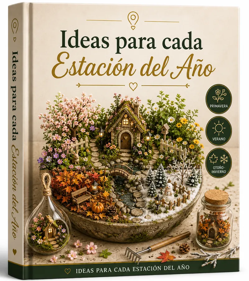 Portada de Ideas para cada Estación del Año, con jardín de hadas mostrando primavera, verano, otoño e invierno