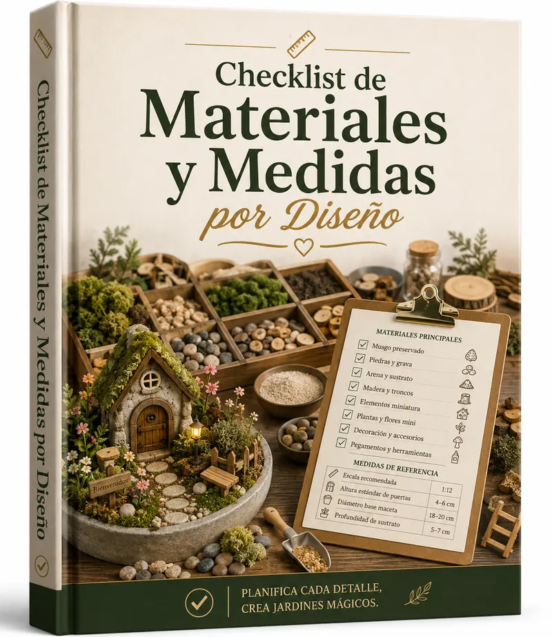 Portada del Checklist de Materiales y Medidas Exactas por Diseño, con caja de materiales, clipboard y jardín de hadas de muestra