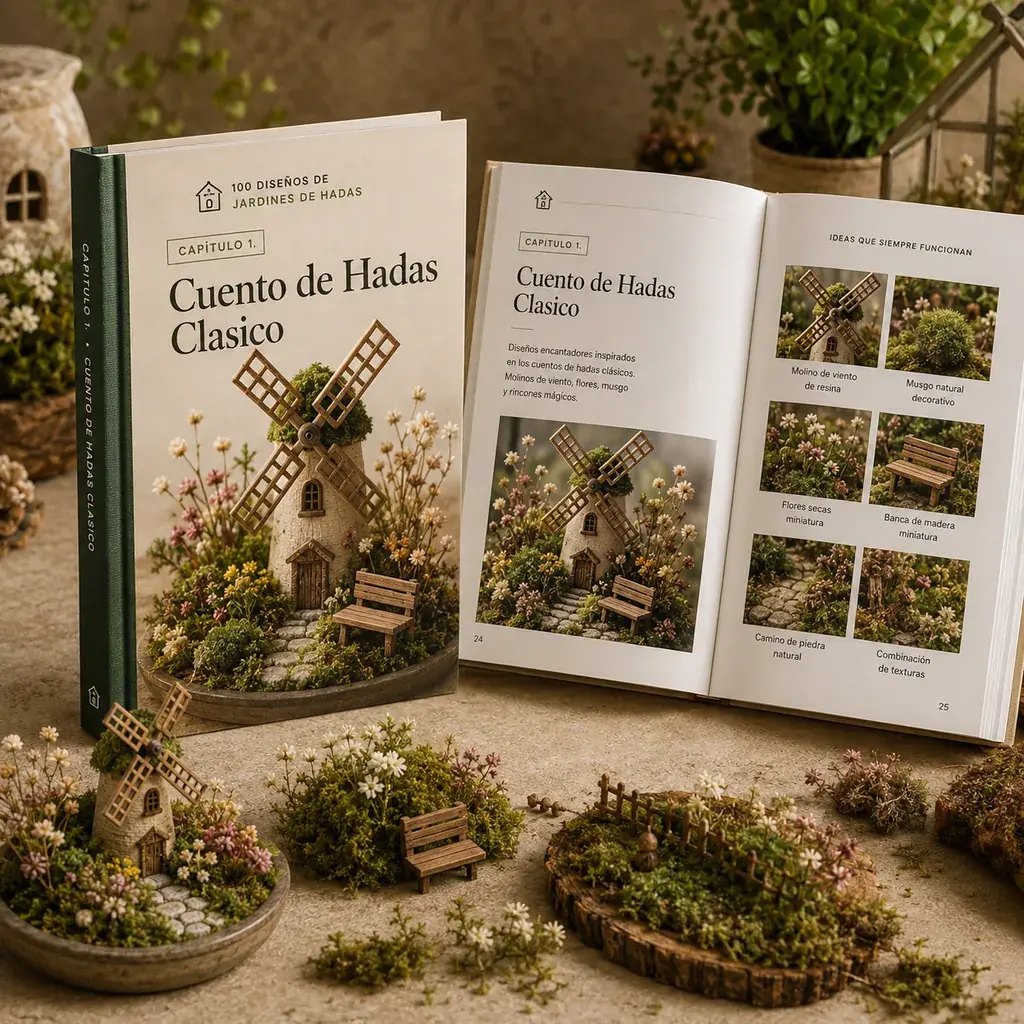 Portada del libro 100 Diseños de Jardines de Hadas, Capítulo 1 Cuento de Hadas Clásico, con jardín en miniatura de molino de viento y banca de madera