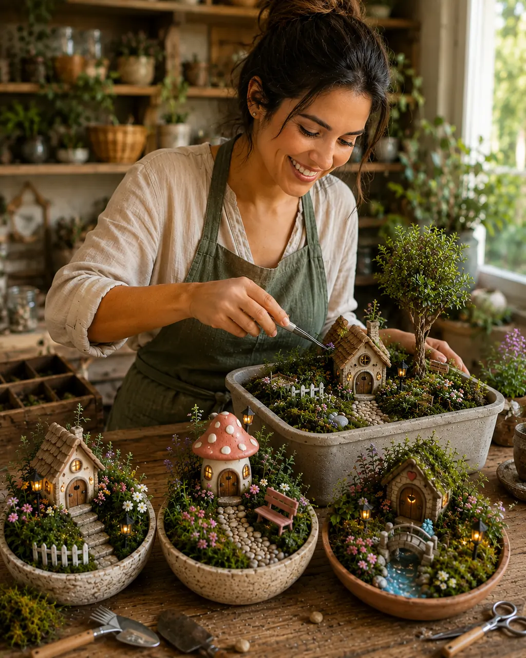 Artesana sonriente colocando con pinzas los detalles finales de un jardín de hadas en miniatura, rodeada de otros jardines terminados sobre una mesa de trabajo